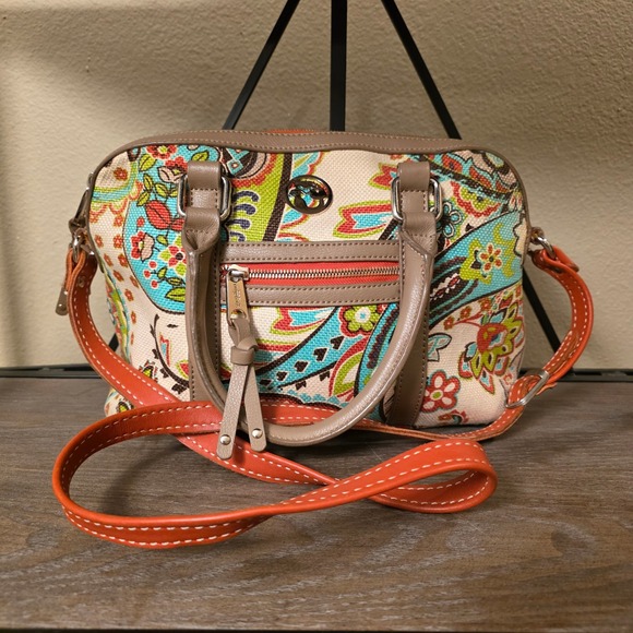 Spartina 449 Fall Autumn Paisley  Crossbody Bag Floral Print Canvas Leather Trim - Picture 1 of 8